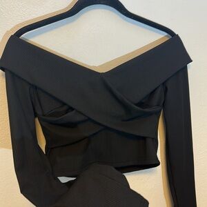 SHEIN MOD Women's‎ Off Shoulder Twist Knot Long Sleeves Black T-Shirt